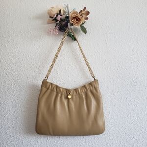Ande Vintage Nude Tan/Beige/Color Leather Small Purse Gold Chain Shoulder Bag